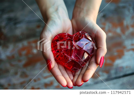 Broken glass heart with red cracked crystals in female hands on a grunge background closeup. Breakup of love relationship and divorce concept. Generative AI 117942571