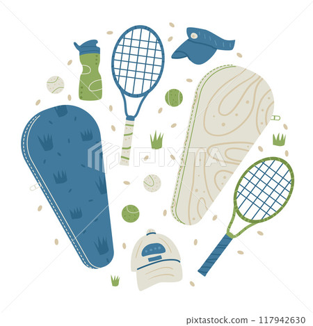 Tennis equipment emblem. Sport set isolated on white background. Rackets, cap, headband with ball, water bottle, and a tennis bag. Vector hand drawn flat illustration 117942630