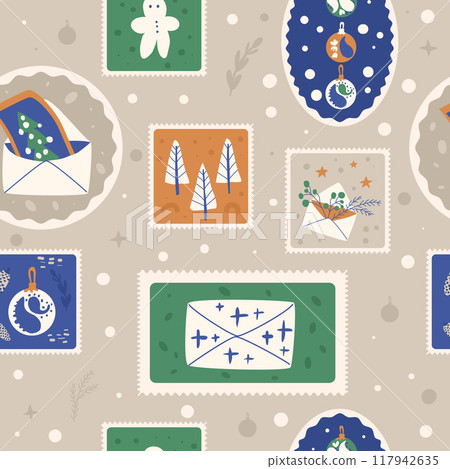 Christmas seamless pattern. Stickers New Year repeat background. Vector hand drawn flat calm illustration. 117942635