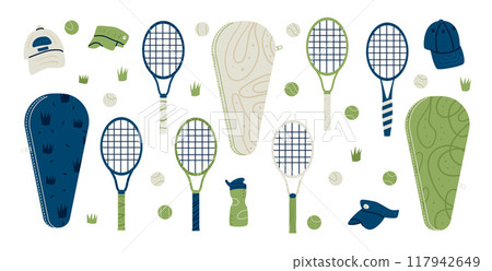 Tennis set. Sport equipment with rackets, tennis bags, caps, balls and grass elements. Sports-themed kit. Vector hand drawn flat collection illustration isolated on white background. Tennis set. Sport equipment with rackets, tennis bags, caps, balls and grass elements. Sports-themed kit. Vector hand drawn flat collection illustration isolated on white background. 117942649
