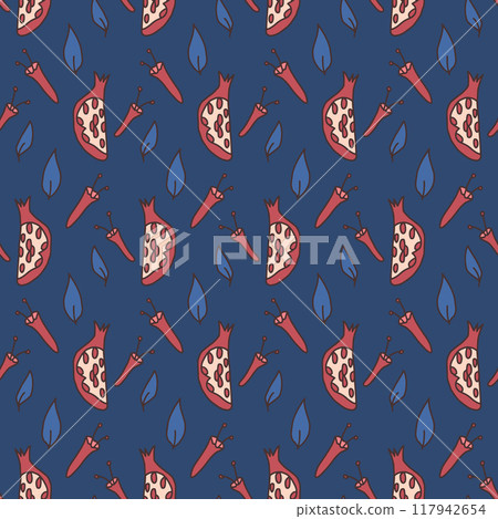 Pomegranate pieces seamless pattern. Ripe fruit repeat background. Leaves, flowers and half fruit continuous ornament. Vector doodle illustration. Pomegranate pieces seamless pattern. Ripe fruit repeat background. Leaves, flowers and half fruit continuous ornament. Vector doodle illustration. 117942654