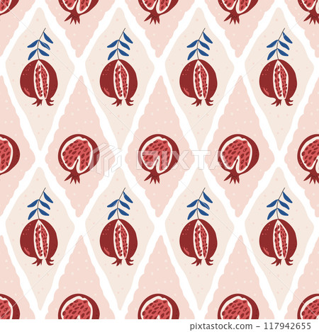 Pomegranates rhombus seamless pattern. Fruit geometric endless background. Pink and red repeat cover. Doodle continuous ornament. Vector hand drawn illustration. Pomegranates rhombus seamless pattern. Fruit geometric endless background. Pink and red repeat cover. Doodle continuous ornament. Vector hand drawn illustration. 117942655