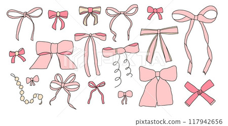Pink bows set. Silk band kit. Coquette aesthetic. Vector hand drawn bow knot scribble collection illustration isolated on white background. Pink bows set. Silk band kit. Coquette aesthetic. Vector hand drawn bow knot scribble collection illustration isolated on white background. 117942656