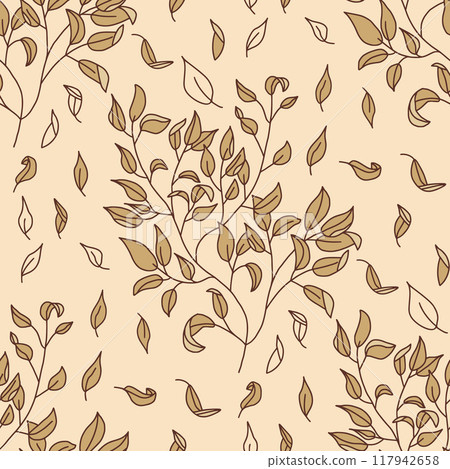 Autumn leaves and branch seamless pattern. Foliage endless background. Minimalist leaf outlines repeat cover. Vector hand drawn illustration. Autumn leaves and branch seamless pattern. Foliage endless background. Minimalist leaf outlines repeat cover. Vector hand drawn illustration. 117942658
