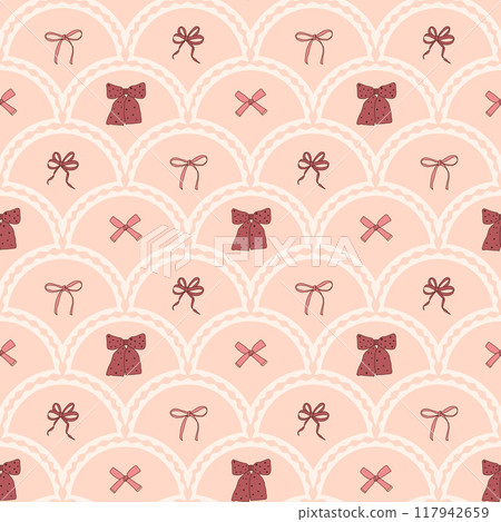 Bowknots scallop seamless pattern. Various bows arch repeat background. Beauty retro endless design. Vector illustration. Bowknots scallop seamless pattern. Various bows arch repeat background. Beauty retro endless design. Vector illustration. 117942659