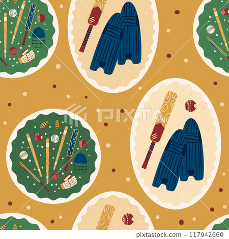 Cricket seamless pattern. Round and oval stickers endless background. Bat, leg pads and helmet with ball repeat cover. Sport game equipment continuous ornament. Vector hand drawn illustration. Cricket seamless pattern. Round and oval stickers endless background. Bat, leg pads and helmet with ball repeat cover. Sport game equipment continuous ornament. Vector hand drawn illustration. 117942660