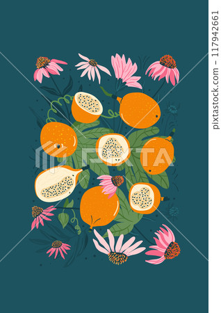 Flowers and fruits background card. Sweet granadilla and coneflowers poster. Floral banner. Vector hand drawn illustration 117942661