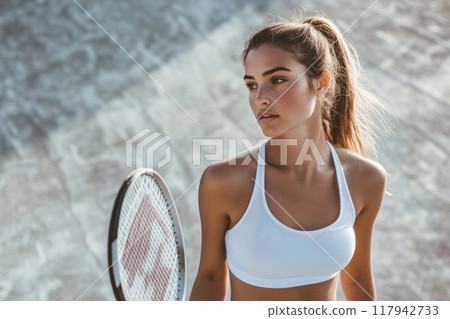 Female tennis player focused on hitting a ball Female tennis player focused on hitting a ball 117942733