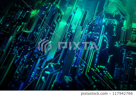 Circuit board with glowing blue and green lines. Advanced technology and innovation concept 117942766