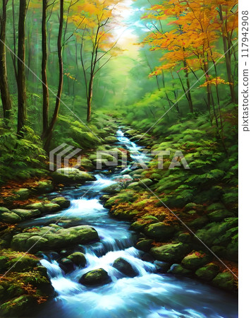 Autumn's Whispering Woods. Mystic Forest at Dusk. River with a rocky bed in a forest 117942908