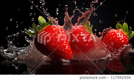 Ripe Strawberries Making a Splash in Water Ripe Strawberries Making a Splash in Water 117942936