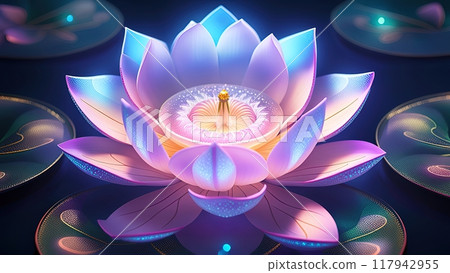 a digital artwork of a glowing lotus flower: 117942955