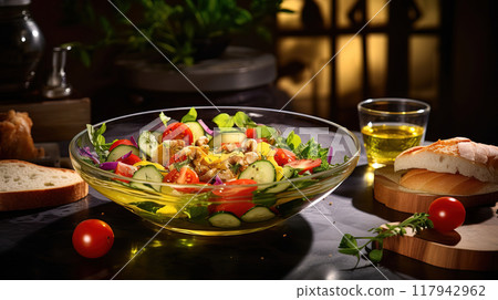 Seasonal summer vegetable salad in a glass bowl on a dark background. Vegan organic food, dietary meal in a rustic style. Seasonal summer vegetable salad in a glass bowl on a dark background. Vegan organic food, dietary meal in a rustic style. 117942962