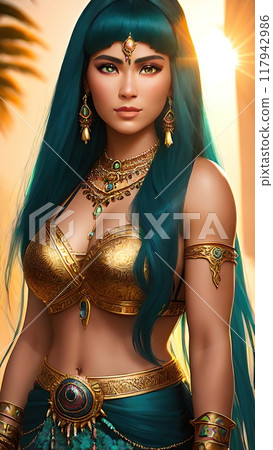 The image portrays a young Berber woman, likely from Morocco or a neighboring region, standing on a bright sun The image portrays a young Berber woman, likely from Morocco or a neighboring region, standing on a bright sun 117942986