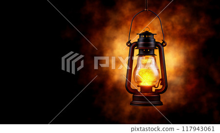 A beautiful, antique lantern on a dark brown background. Copy space. 117943061