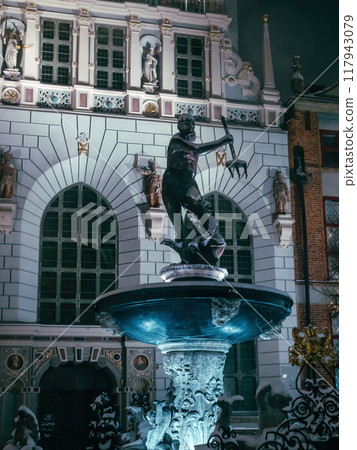 Neptune's Fountain at night, in winter, Danzig, Poland Neptune's Fountain at night, in winter, Danzig, Poland 117943079