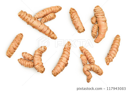 Turmeric root isolated on white background. Top view. Flat lay 117943083