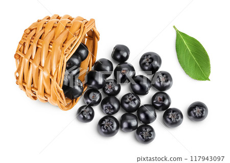 Chokeberry with leaf in a wicker basket isolated on white background. Black aronia. Top view. Flat lay 117943097