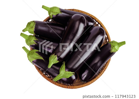 eggplant in a wicker basket isolated on white background with full depth of field. Top view. Flat lay 117943123