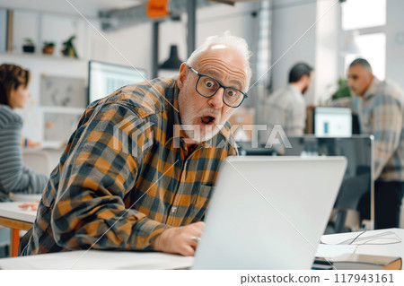 An elderly man in a plaid shirt reacts with shock while working on his laptop at a contemporary office, surrounded by colleagues. Generative AI 117943161