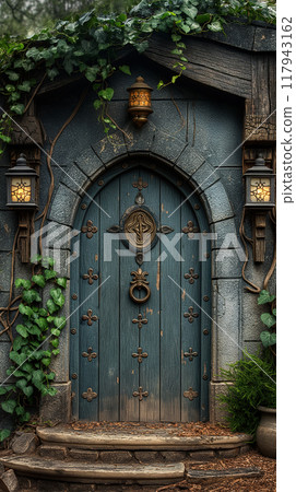 Antique wooden door in a stone house, porch, antique, authentic lanterns, forged ring, ivy. 117943162