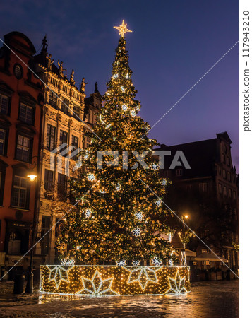 Giant Christmas Tree near Neptune's Fountain at night, Old Town, Gdansk, Poland 117943210