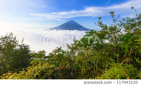 夏日晴朗的天空、富士山和雲海（山梨縣大嶽山） 117943220