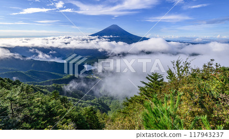 夏日晴朗的天空、富士山和雲海（山梨縣大嶽山） 117943237