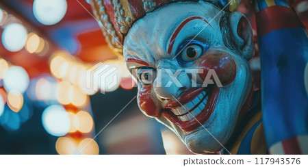 Ultra-realistic circus clown with dramatic expression and vivid colors in festive setting 117943576
