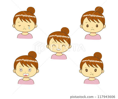 有著各種表情的女孩（微笑、悲傷、驚訝、憤怒、煩惱） 117943606