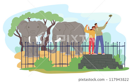 Happy Couple Taking A Selfie At Zoo With Two Elephants In The Background. Pair Is Standing Next To A Fence Happy Couple Taking A Selfie At Zoo With Two Elephants In The Background. Pair Is Standing Next To A Fence 117943822