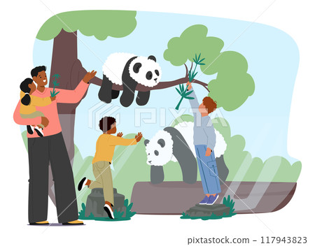Family Enjoying A Visit To The Zoo, Observing Giant Pandas In Their Enclosure. Cartoon Scene Captures Moments Of Joy 117943823