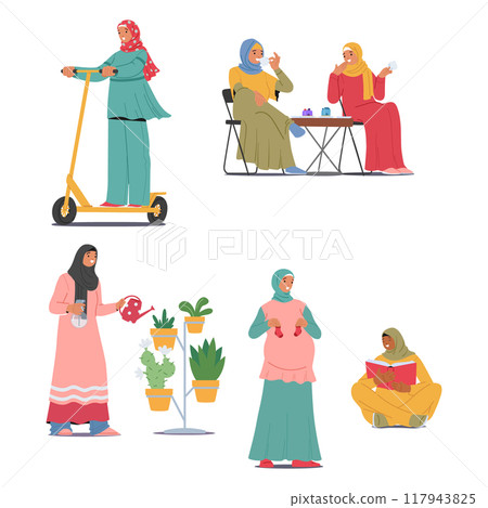 Muslim Women In Traditional Attire Engaging In Different Lifestyle Activities as Riding Scooter, Socializing, Gardening Muslim Women In Traditional Attire Engaging In Different Lifestyle Activities as Riding Scooter, Socializing, Gardening 117943825