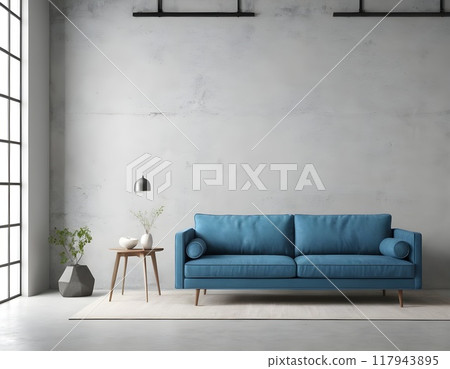 Modern living room with blue sofa, floor lamp, and potted plant in minimalistic design natural light 117943895