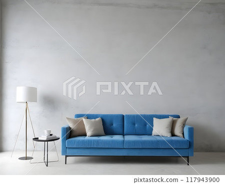 Modern living room with blue sofa, floor lamp, and potted plant in minimalistic design natural light 117943900