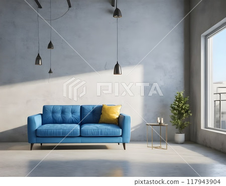 Modern living room with blue sofa, floor lamp, and potted plant in minimalistic design natural light 117943904