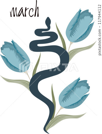 Snake in beautiful tulips and leaves, print for shoppers, mugs, notebooks, posters, T-shirts, tales, calendars. Year of the Snake march 2025. Flowers in the style of William Morris 117944112