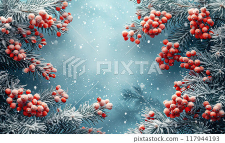 Winter Scene With Red Berries and Snow Winter Scene With Red Berries and Snow 117944193