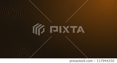 Abstract web banner with gold ripple circles made of dots on brown background. Vector illustration. 117944250