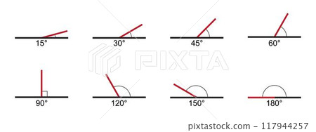 Set of angle degree signs. Collection of various protractor values icons. Geometric or trigonometric measurements. Mathematics symbols isolated on white background. Vector graphic illustration Set of angle degree signs. Collection of various protractor values icons. Geometric or trigonometric measurements. Mathematics symbols isolated on white background. Vector graphic illustration 117944257
