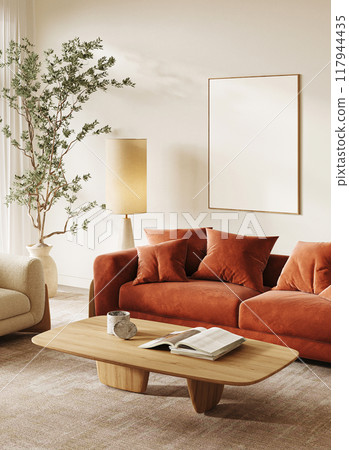 Stylish modern living room with earthy tones and minimalist design for an inviting feel, 3d rendering 117944435