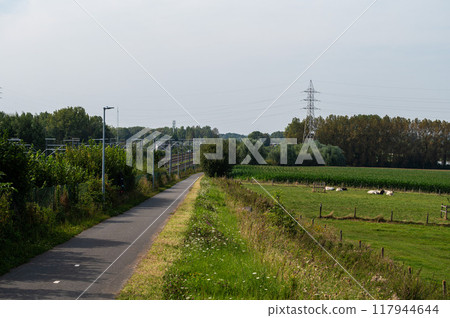 The F209 cycling path along the railwaytracks through agriculture fields, Belgium 117944644