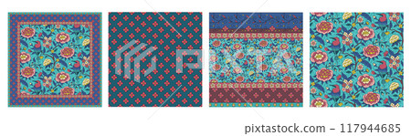 Set of 4 Indian floral patterns with abstract trailing flowers and leaves Set of 4 Indian floral patterns with abstract trailing flowers and leaves 117944685