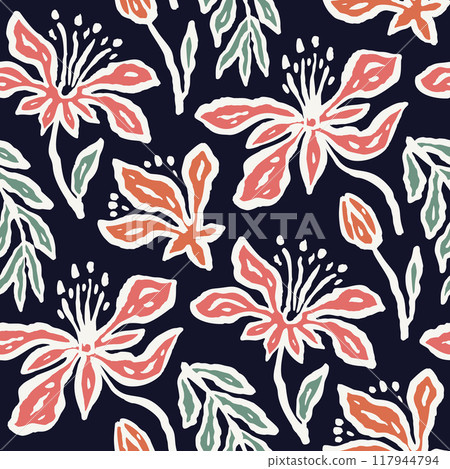 Inky brush strokes floral seamless pattern 117944794