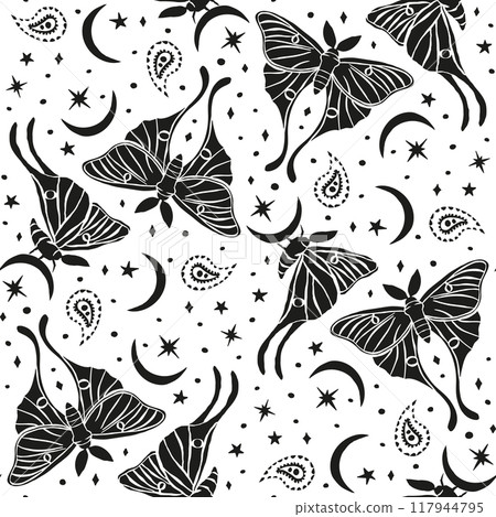 Monochrome seamless pattern with celestial luna moth and paisley motif Monochrome seamless pattern with celestial luna moth and paisley motif 117944795