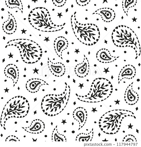 Black and white seamless pattern with celestial and paisley motifs 117944797