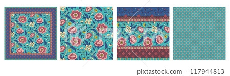 Set of 4 Indian floral patterns with abstract trailing flowers and leaves Set of 4 Indian floral patterns with abstract trailing flowers and leaves 117944813