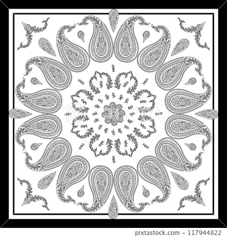 Monochrome black and white or bandana design with paisley mandala pattern and floral elements 117944822