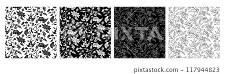 Set of 4 Indian floral patterns with abstract trailing flowers and leaves 117944823