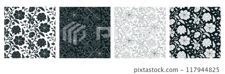 Set of 4 Indian floral patterns with abstract trailing flowers and leaves Set of 4 Indian floral patterns with abstract trailing flowers and leaves 117944825